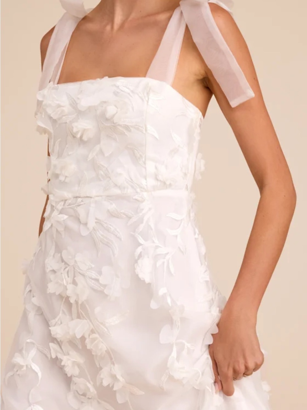 White Floral Appliqué Tie-Shoulder Dress